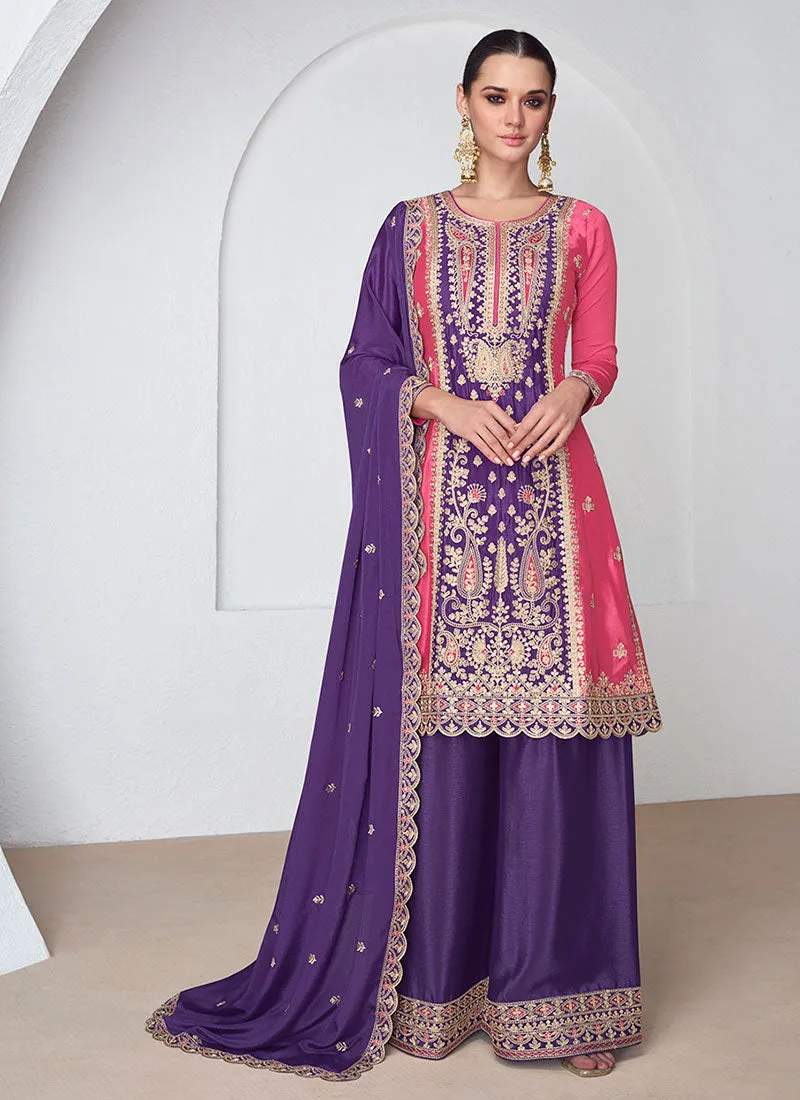 Pink And Purple Embroidered Wedding Palazzo Suit