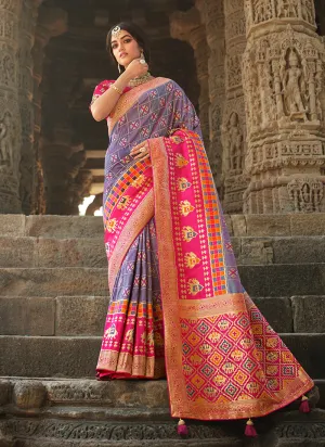 Pink And Purple Traditional Embroidered Silk Saree