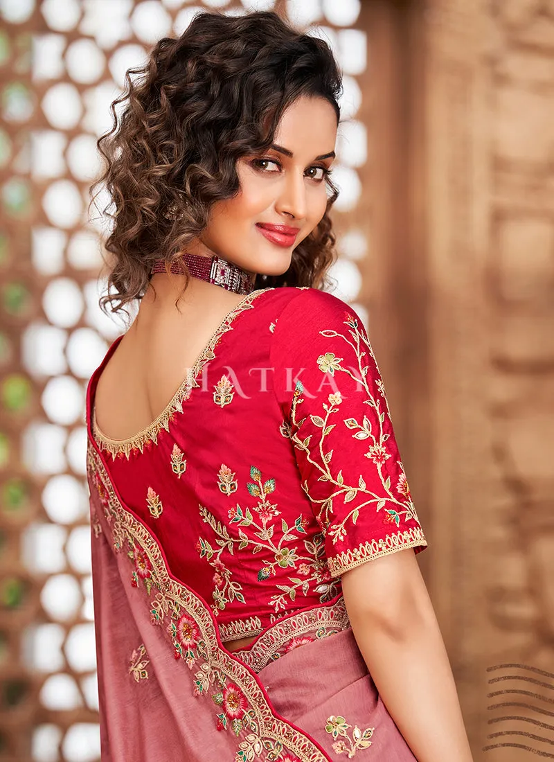 Pink And Red Multi Embroidered Partywear Saree