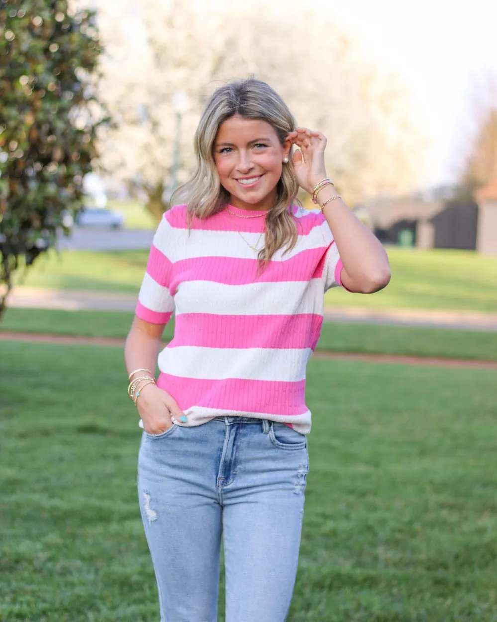 Pink and White Stripped Crew Neck Knit Short Sleeve