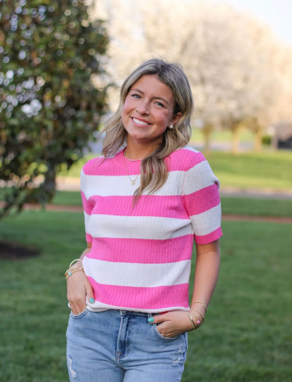 Pink and White Stripped Crew Neck Knit Short Sleeve