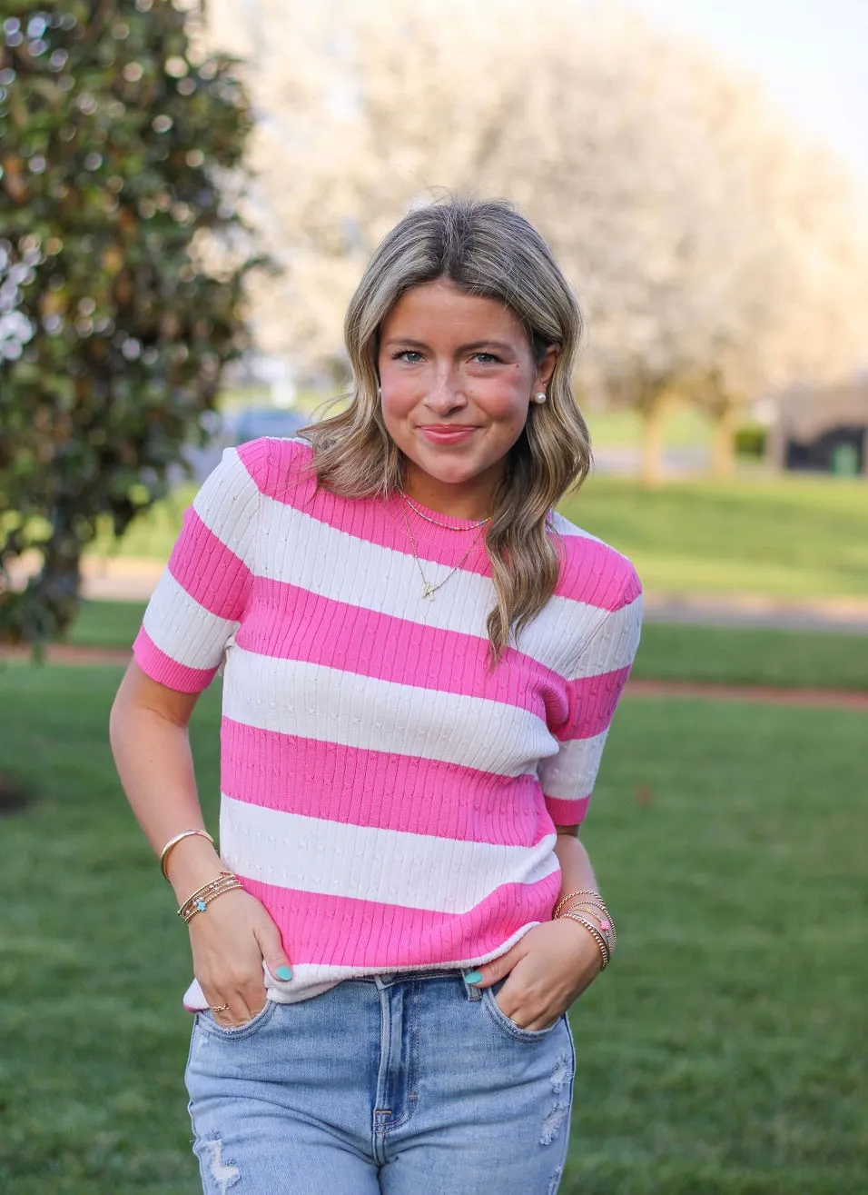 Pink and White Stripped Crew Neck Knit Short Sleeve