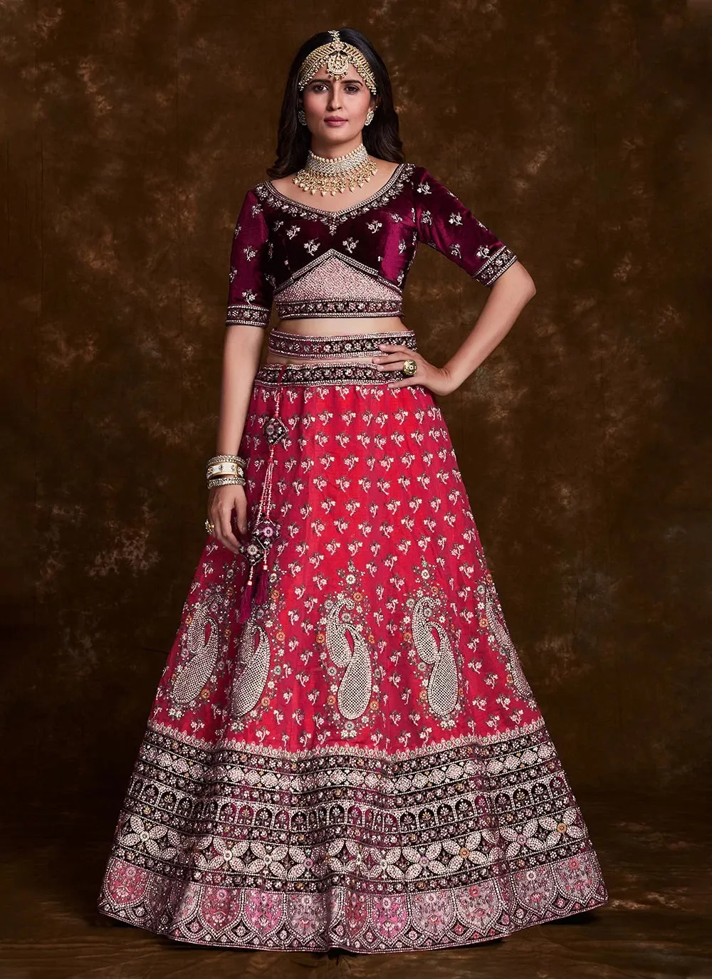 Pink Art Silk Thread, Zari & Dori Work Lehenga with Velvet Blouse