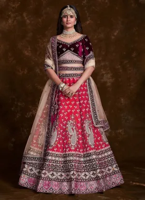 Pink Art Silk Thread, Zari & Dori Work Lehenga with Velvet Blouse