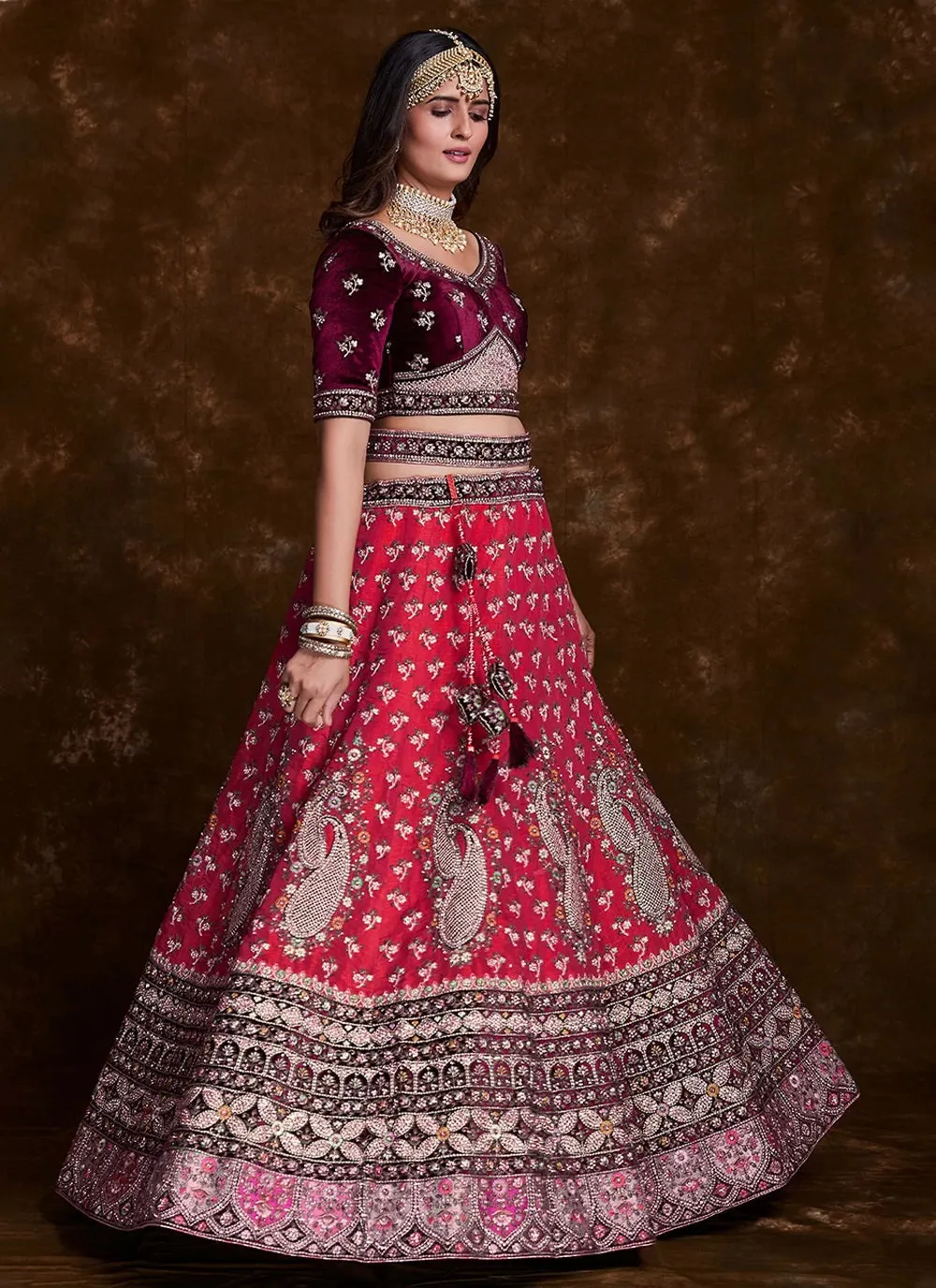 Pink Art Silk Thread, Zari & Dori Work Lehenga with Velvet Blouse