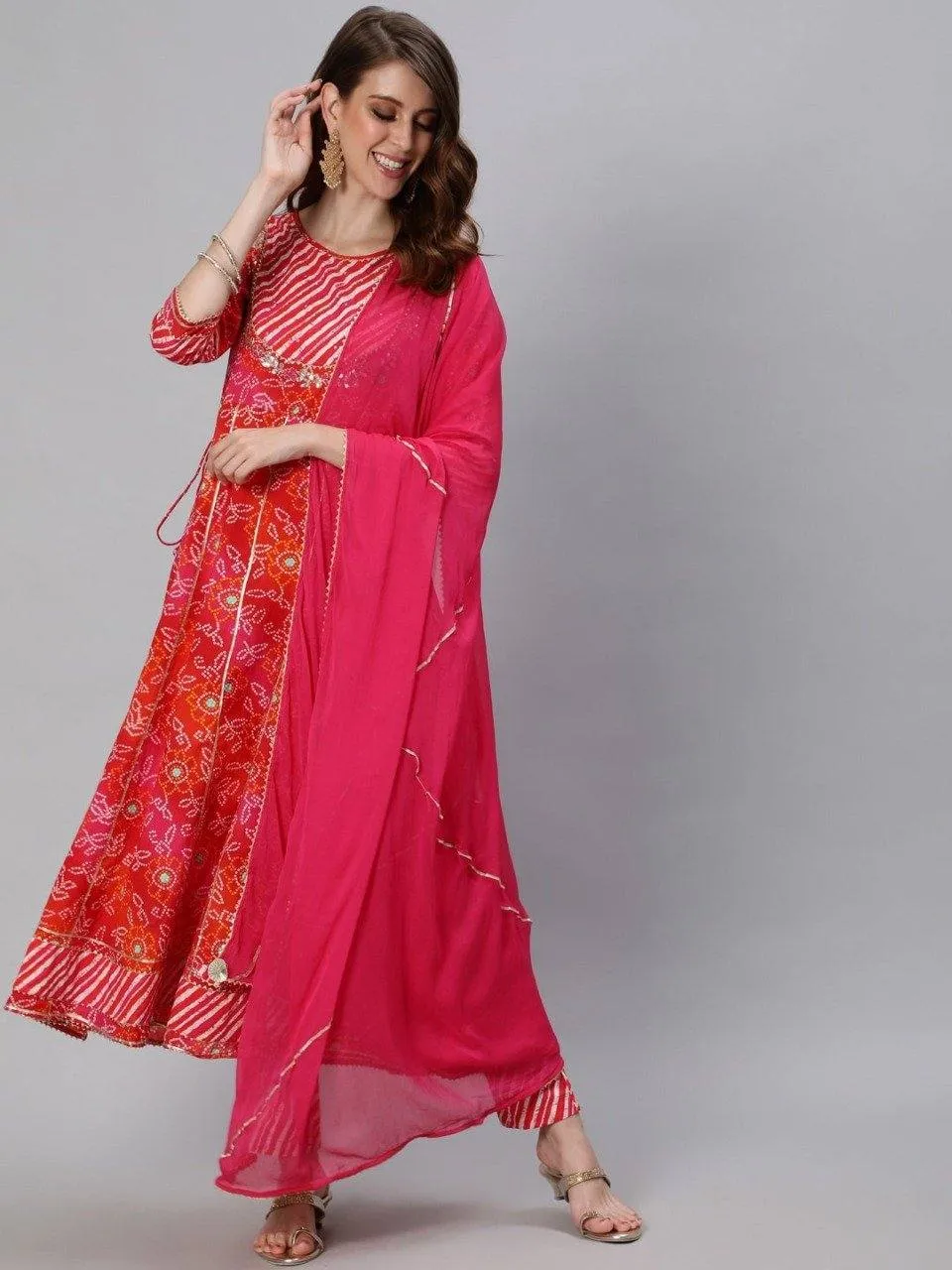 Pink Bandhani Print Suit Set with Dupatta