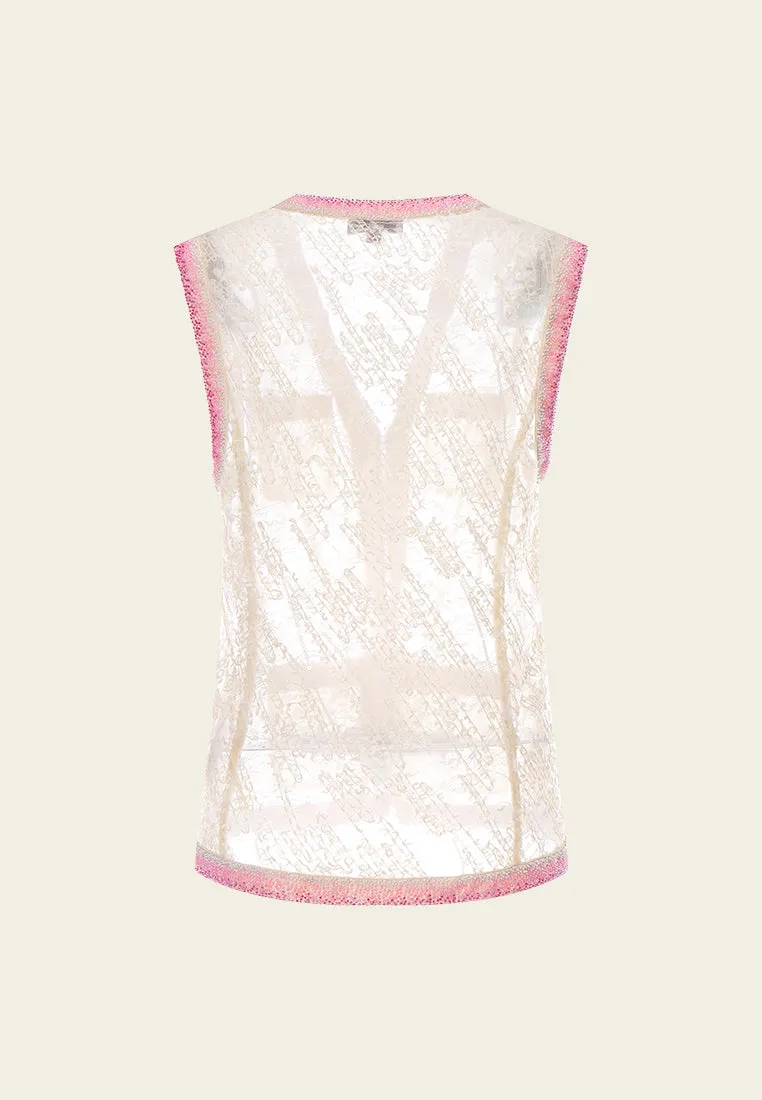 Pink Beaded Beige Lace Vest