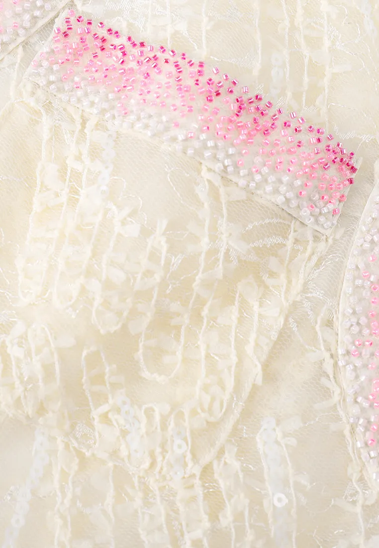 Pink Beaded Beige Lace Vest