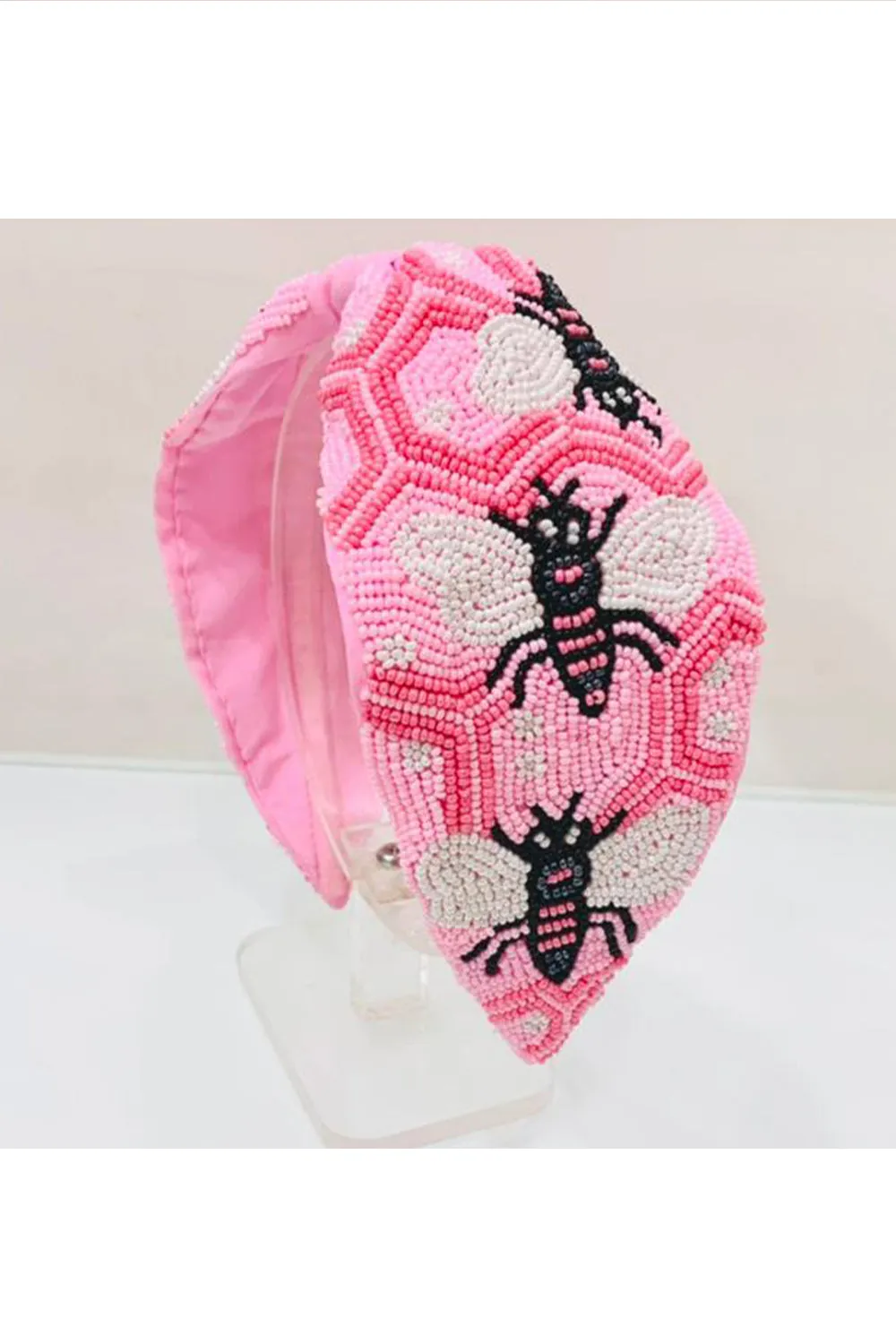 Pink Bee Bead Embroidered Hairband