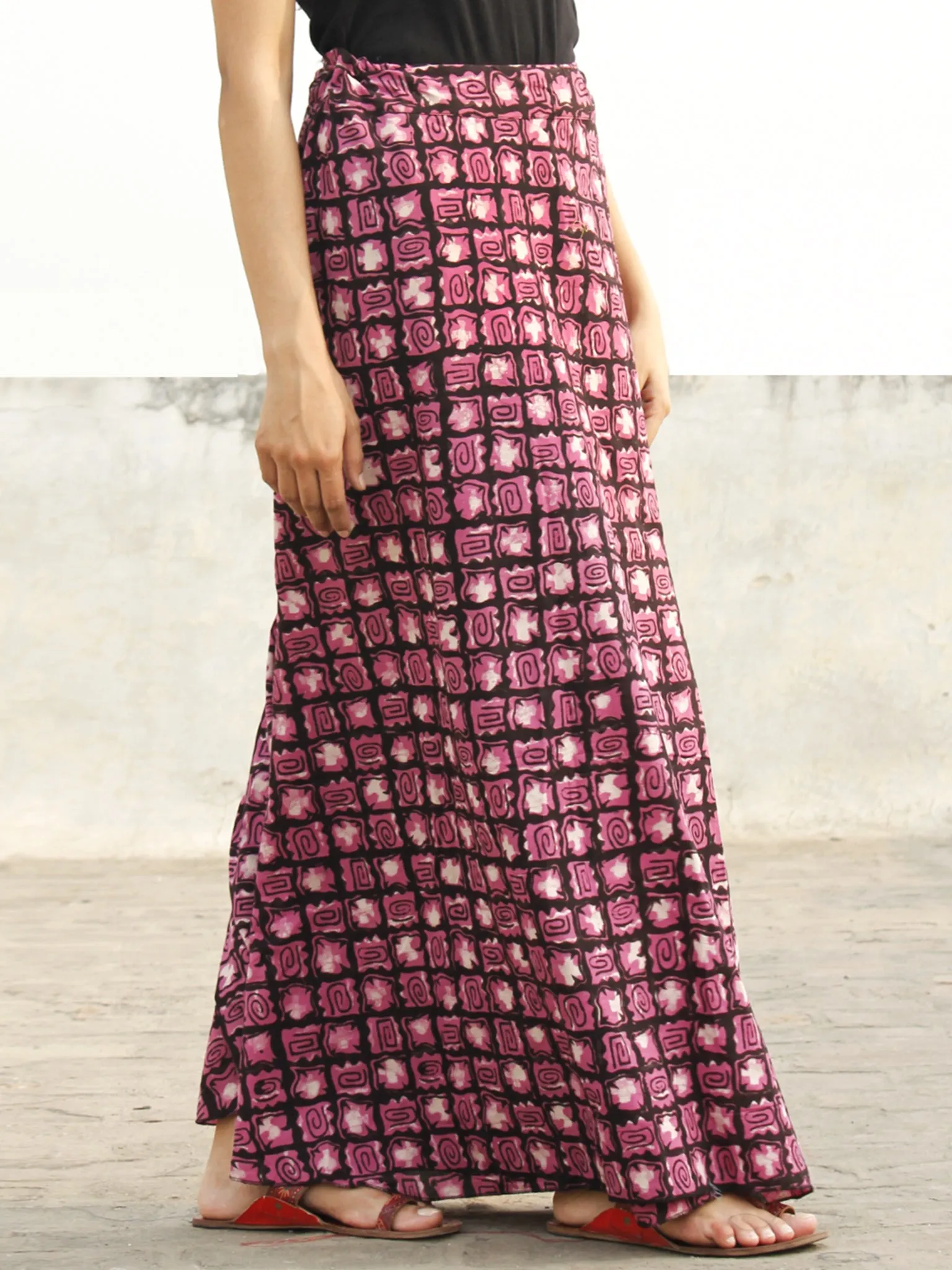 Pink Black Ivory Hand Block Printed Wrap Around Skirt  - S40F377