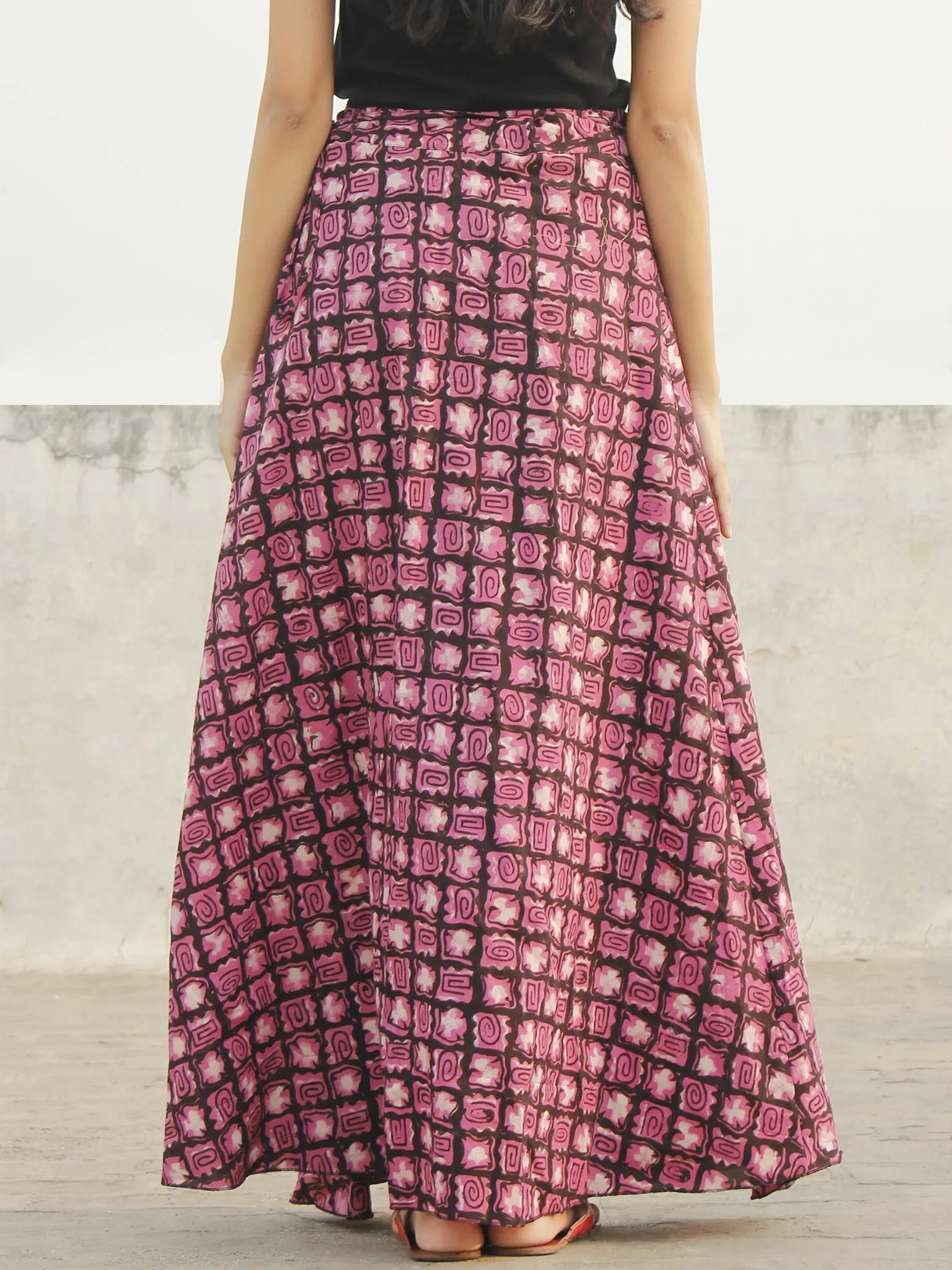 Pink Black Ivory Hand Block Printed Wrap Around Skirt  - S40F377