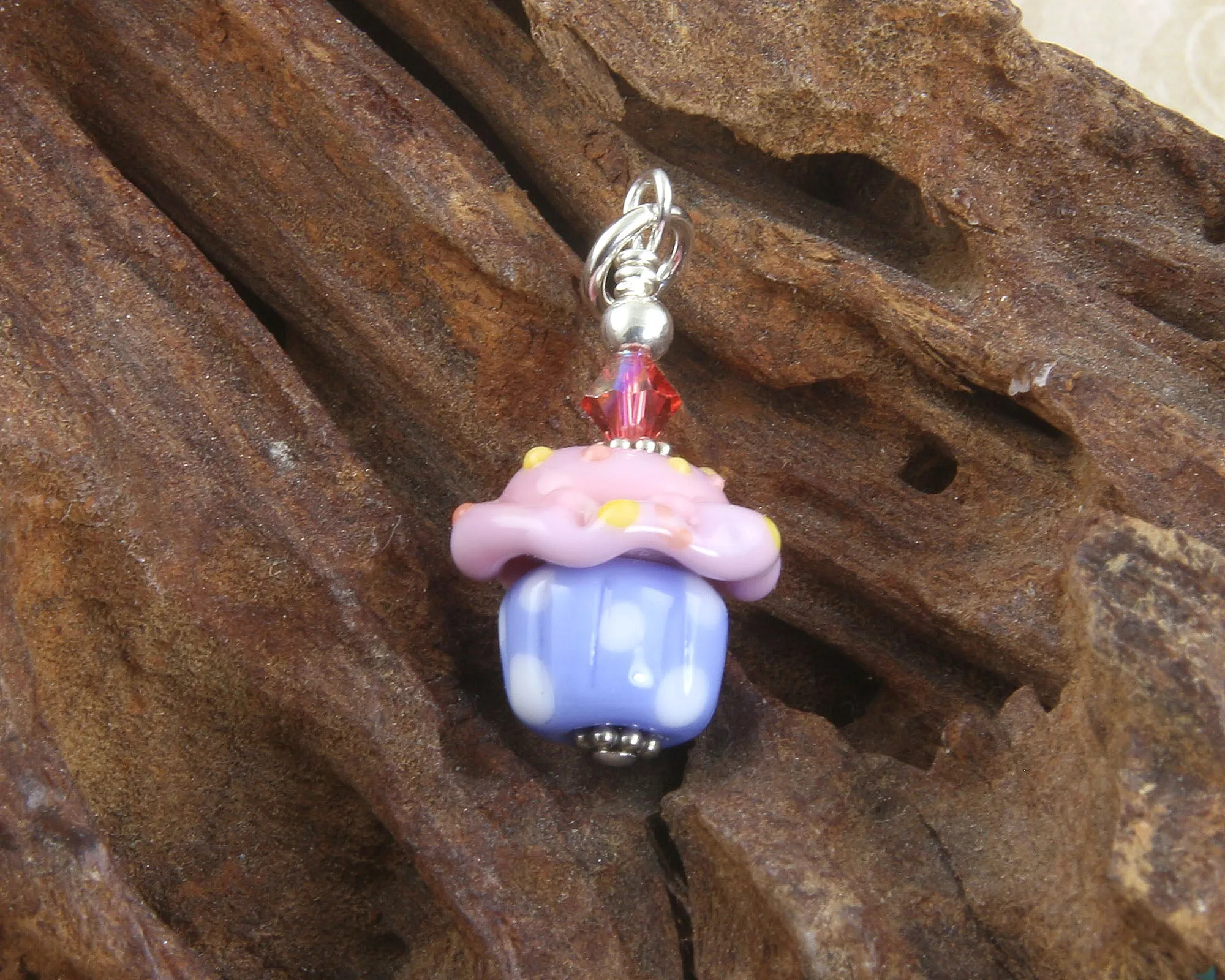 Pink Blue Cupcake Lampwork Glass Charms, Sterling Silver