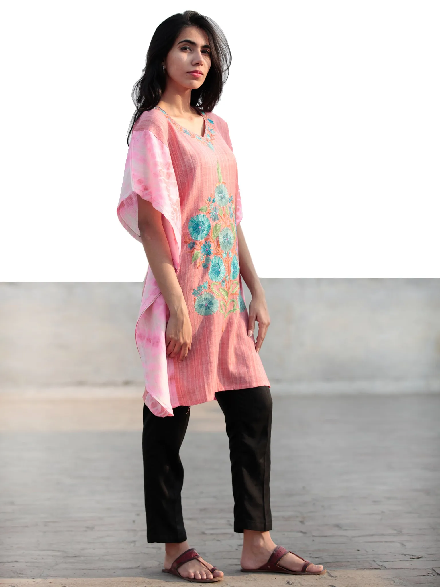 Pink Blue Green Orange Aari Embroidered Short Kashmere Kaftan  - K11K039