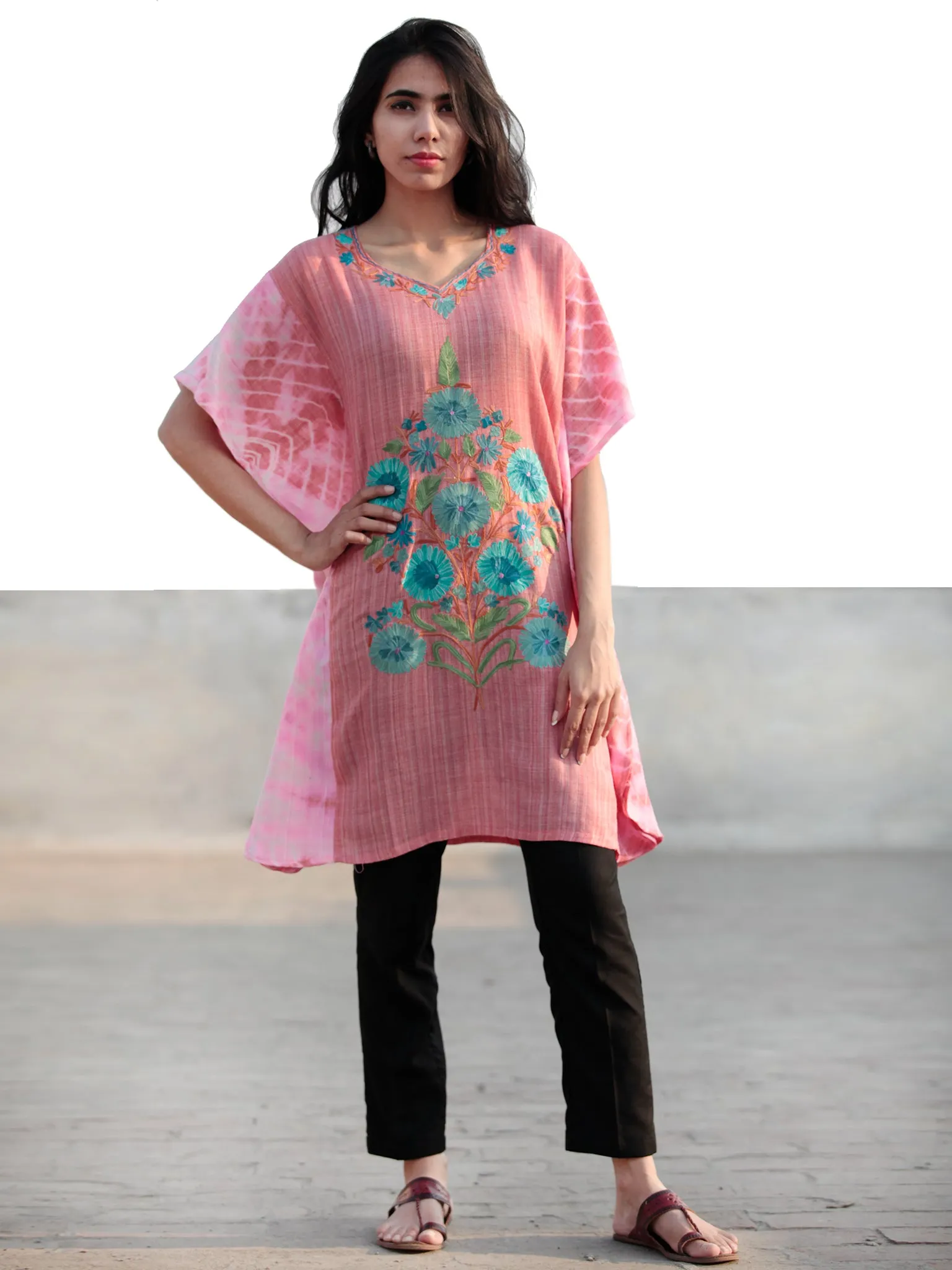 Pink Blue Green Orange Aari Embroidered Short Kashmere Kaftan  - K11K039