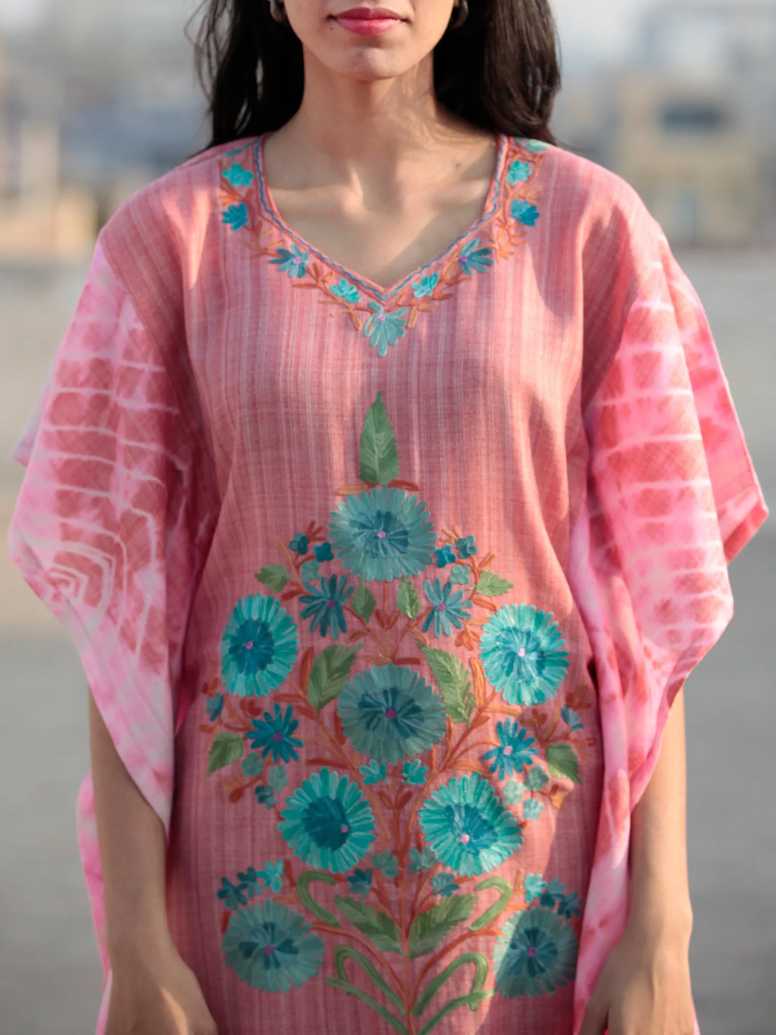 Pink Blue Green Orange Aari Embroidered Short Kashmere Kaftan  - K11K039