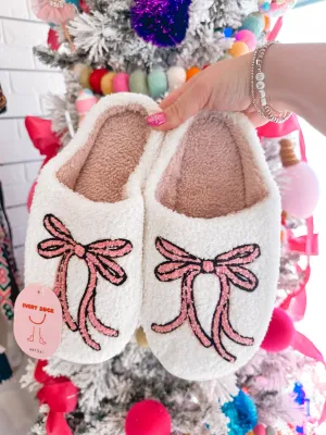 Pink Bow Soft Sherpa Slippers