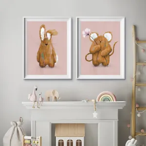 Pink Bunny & Mouse Woodland Nursery Prints Set Of 2