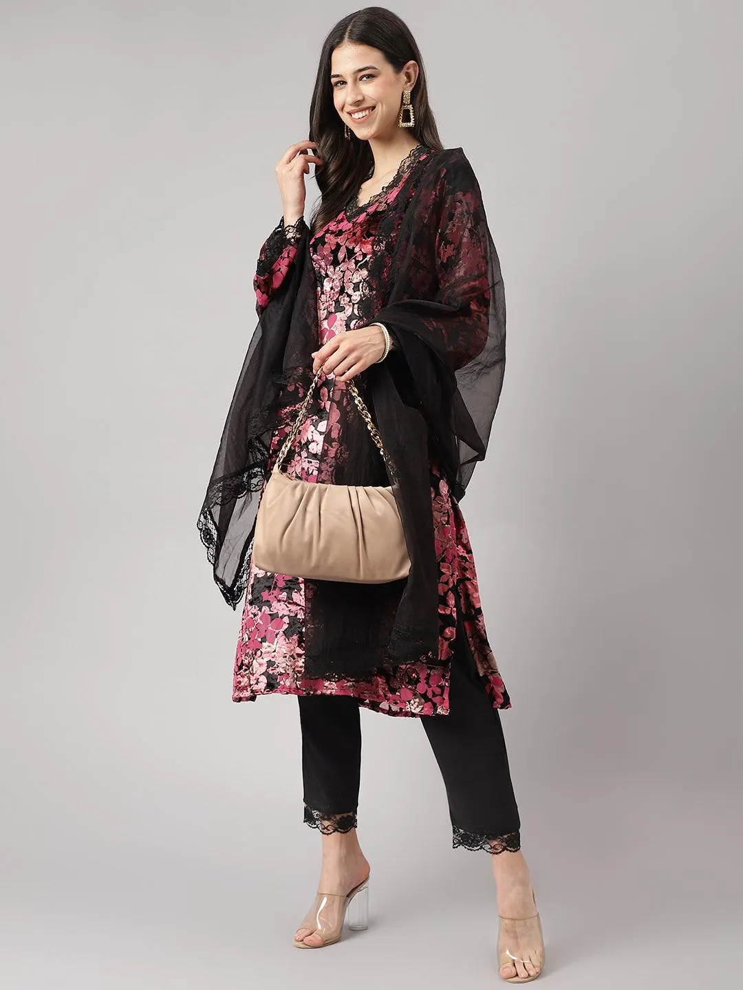 Pink Burn Out Velvet Kurta Harem Pant With Organza Dupatta