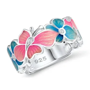 Pink Butterfly Blue Flower Enamel Ring for Women with Zircon in 925 Sterling Silver