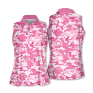 Pink Camouflage Golf Set Women Short Sleeve Polo Shirt, Sleeveless Polo Shirt