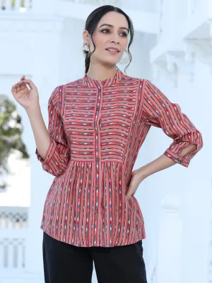 Pink Chanderi Geometric Printed Gathered Shirt