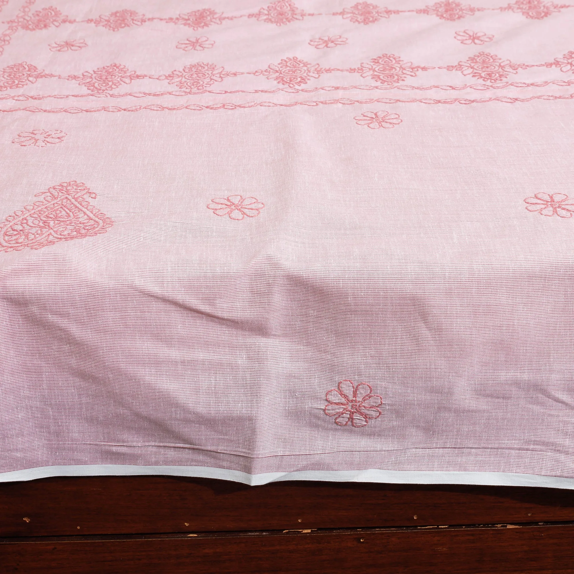 Pink - Chikankari Hand Embroidered Cotton Double Bedcover with Pillow Covers (102 x 84 in)