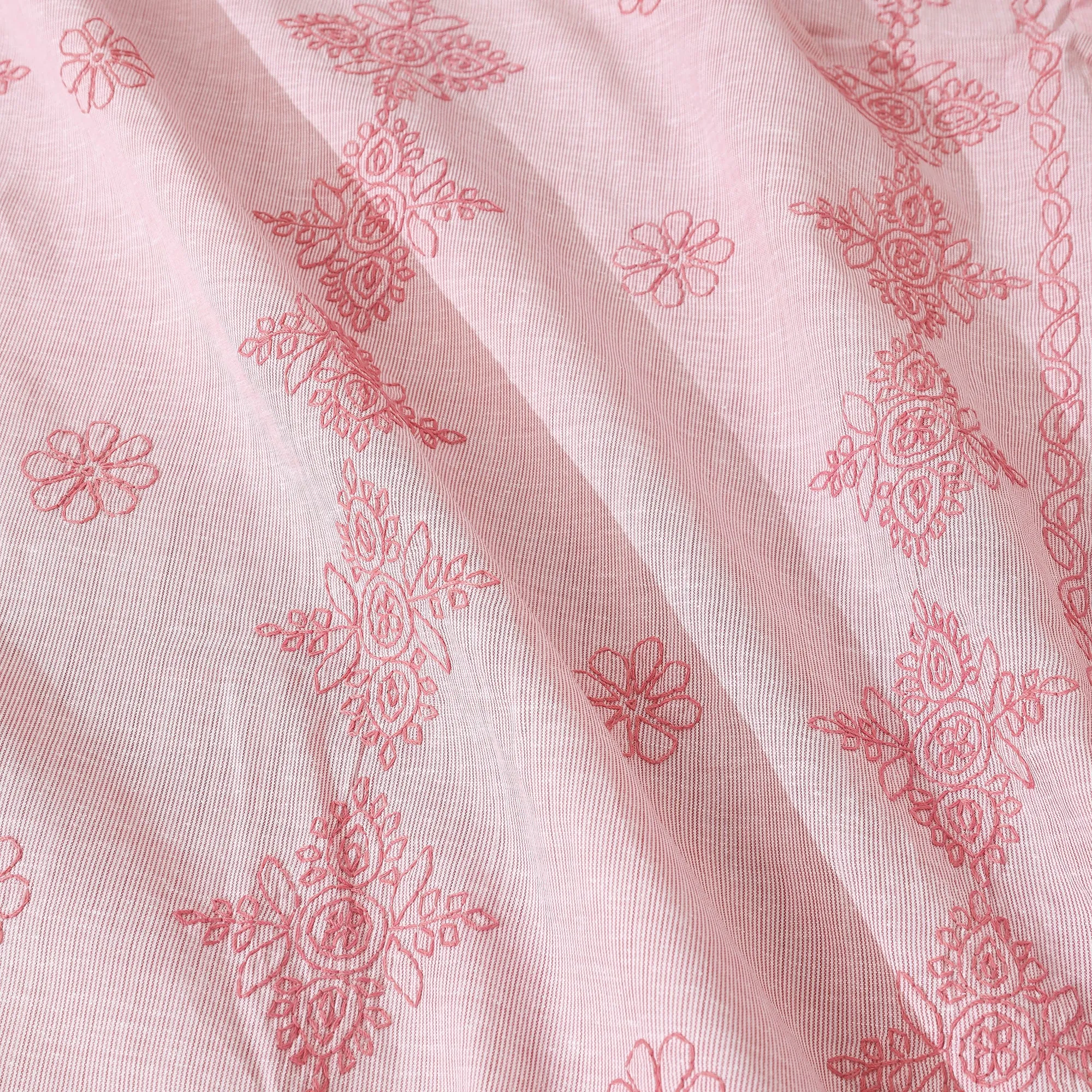 Pink - Chikankari Hand Embroidered Cotton Double Bedcover with Pillow Covers (102 x 84 in)