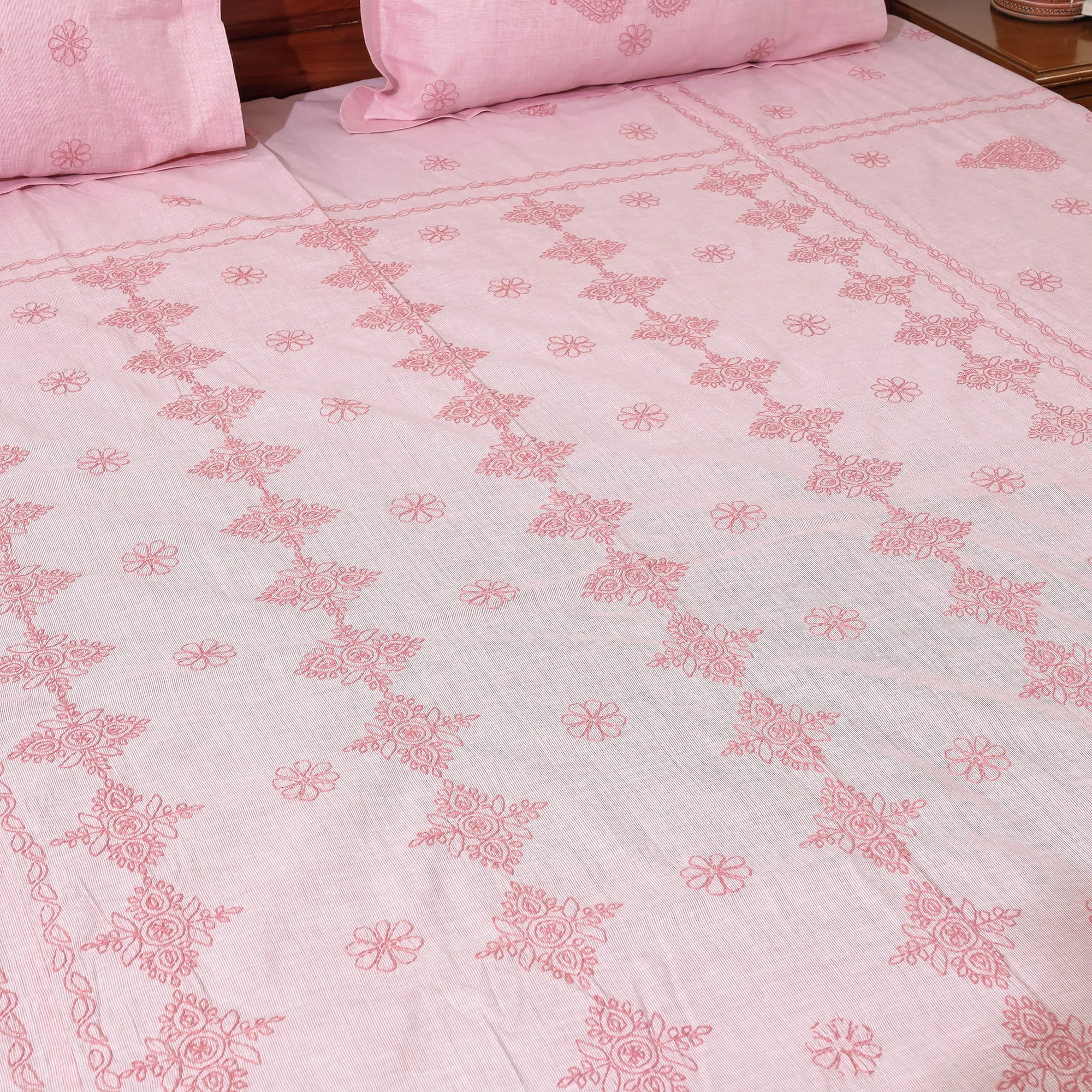 Pink - Chikankari Hand Embroidered Cotton Double Bedcover with Pillow Covers (102 x 84 in)