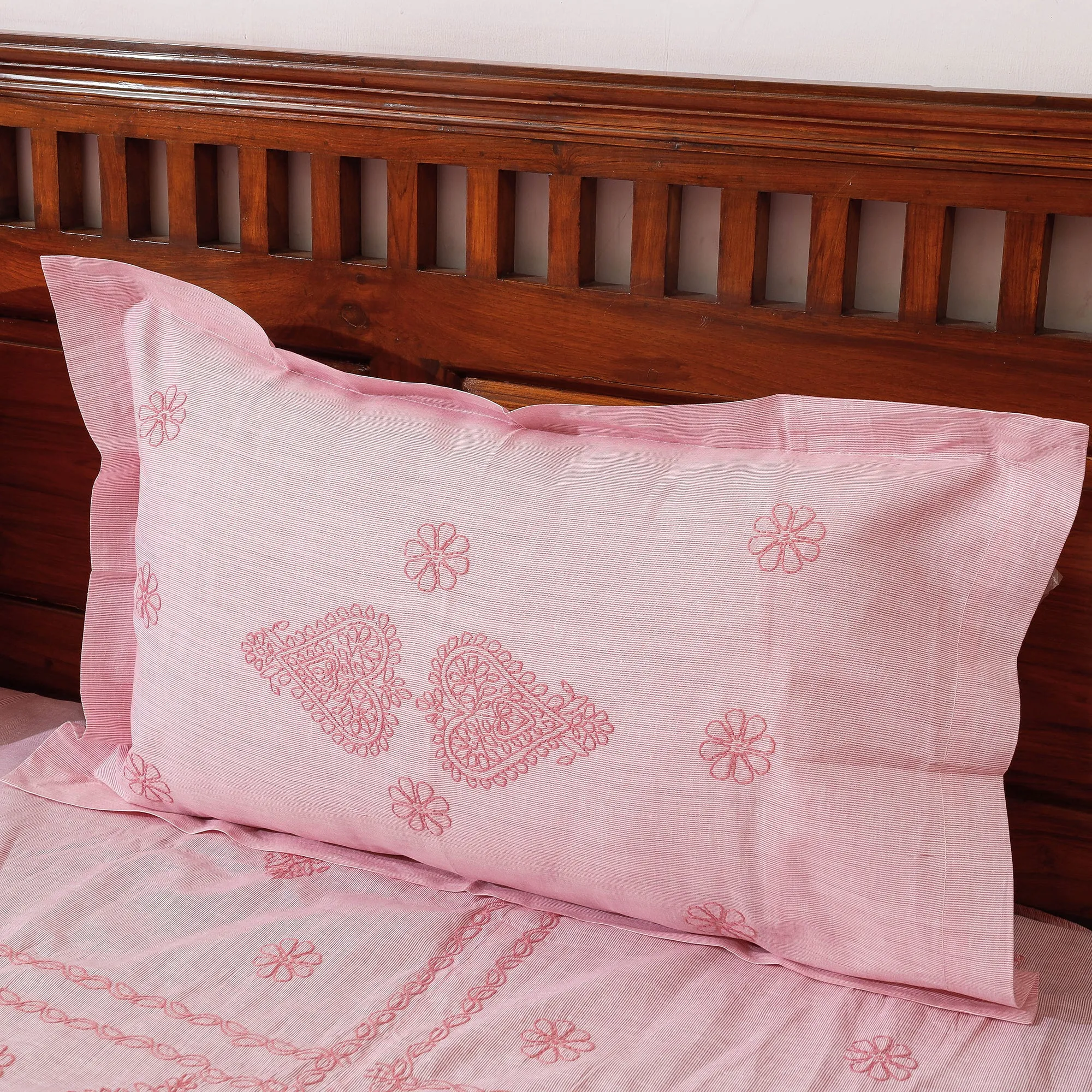 Pink - Chikankari Hand Embroidered Cotton Double Bedcover with Pillow Covers (102 x 84 in)