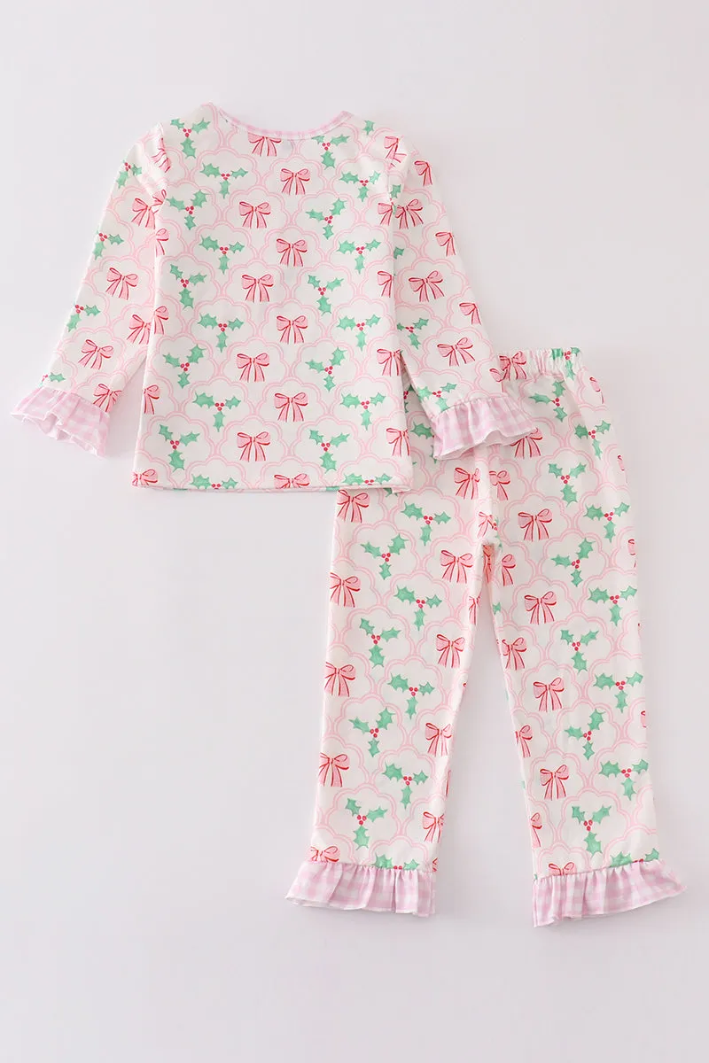 Pink christmas holly bow print girl pajamas set