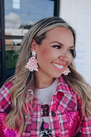 Pink Christmas Tree Beaded Earrings - Pink