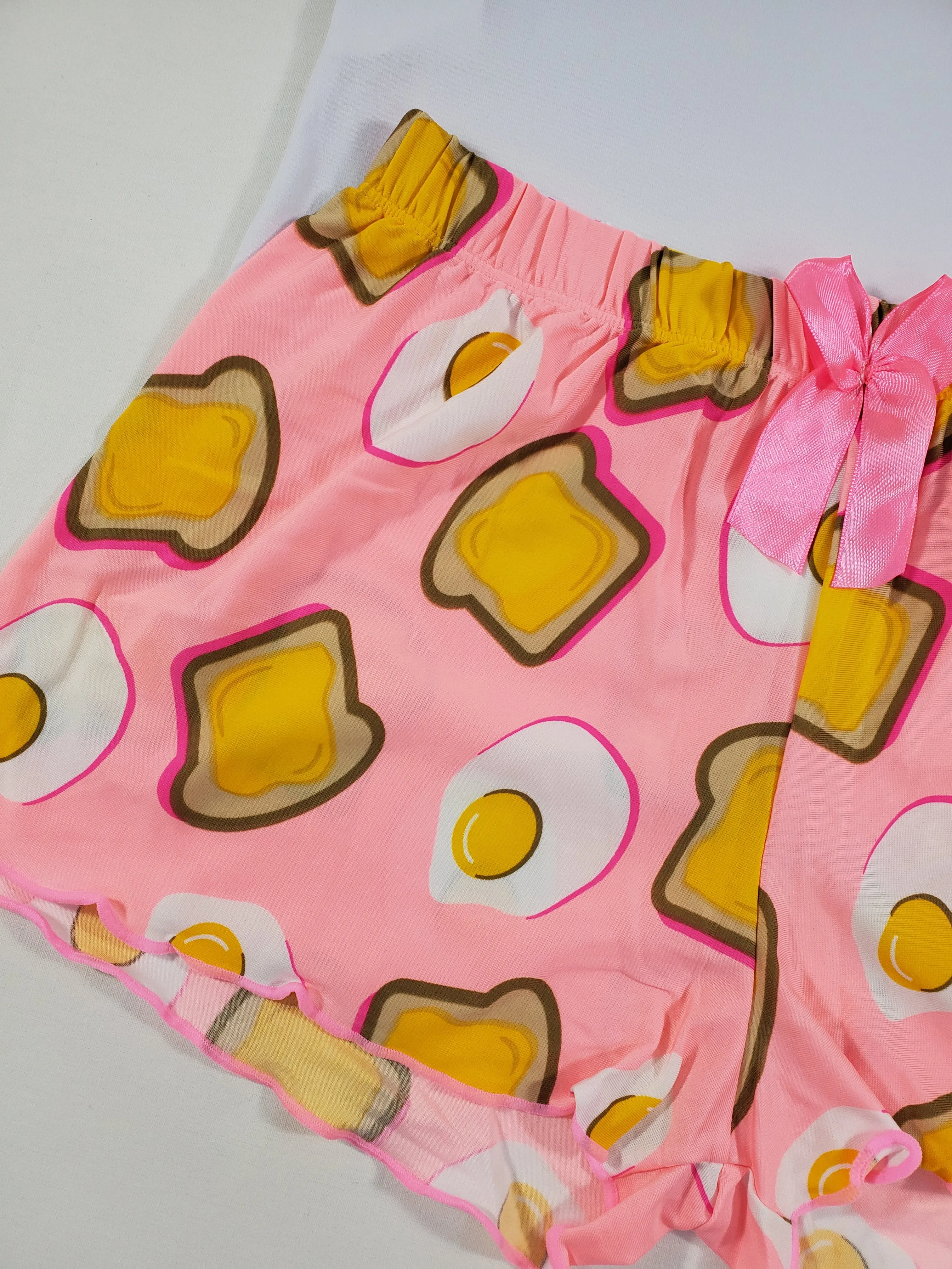 Pink Classic Women's pajamas shorts fried eggs and toast theme white blouse