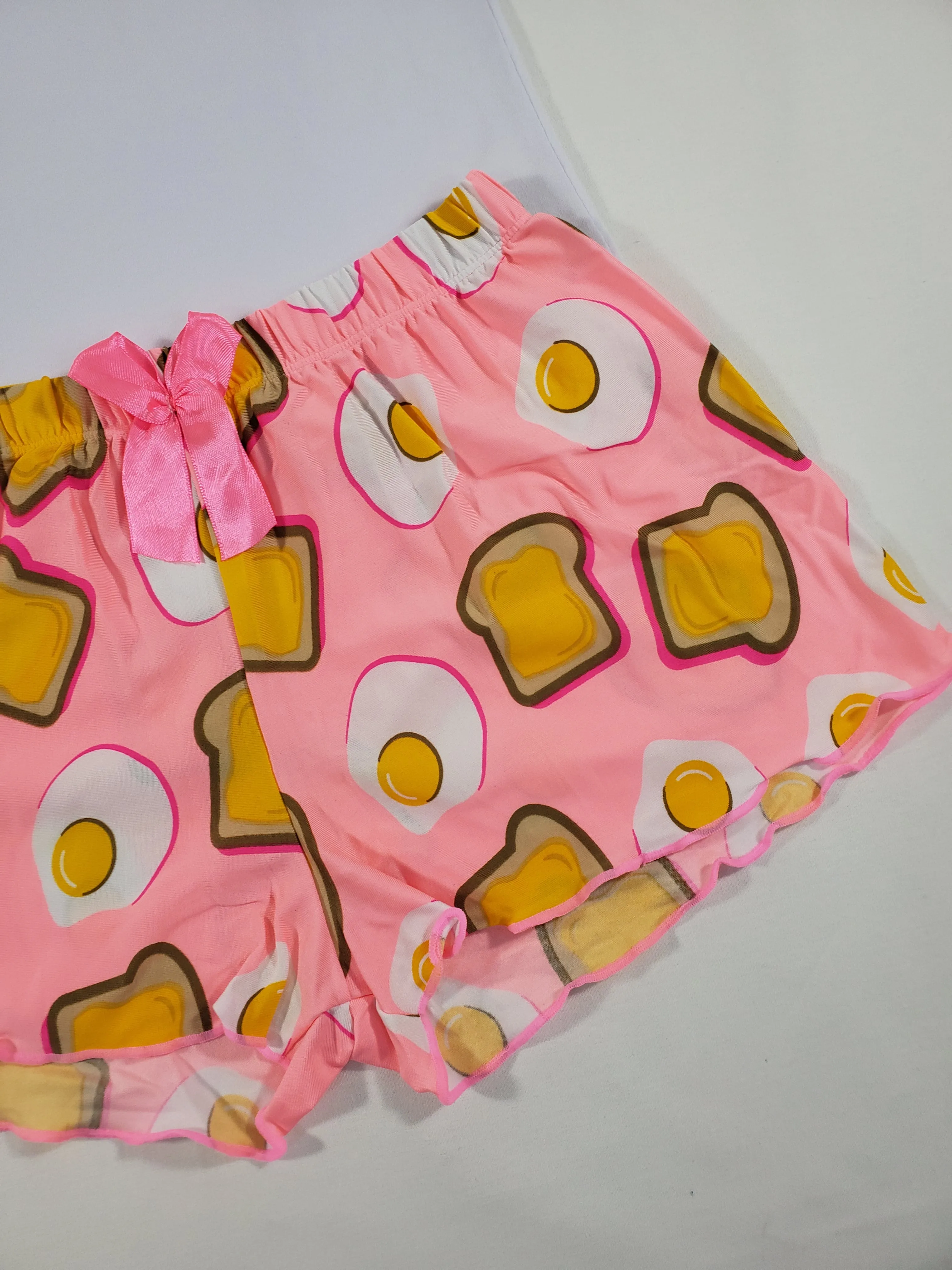 Pink Classic Women's pajamas shorts fried eggs and toast theme white blouse