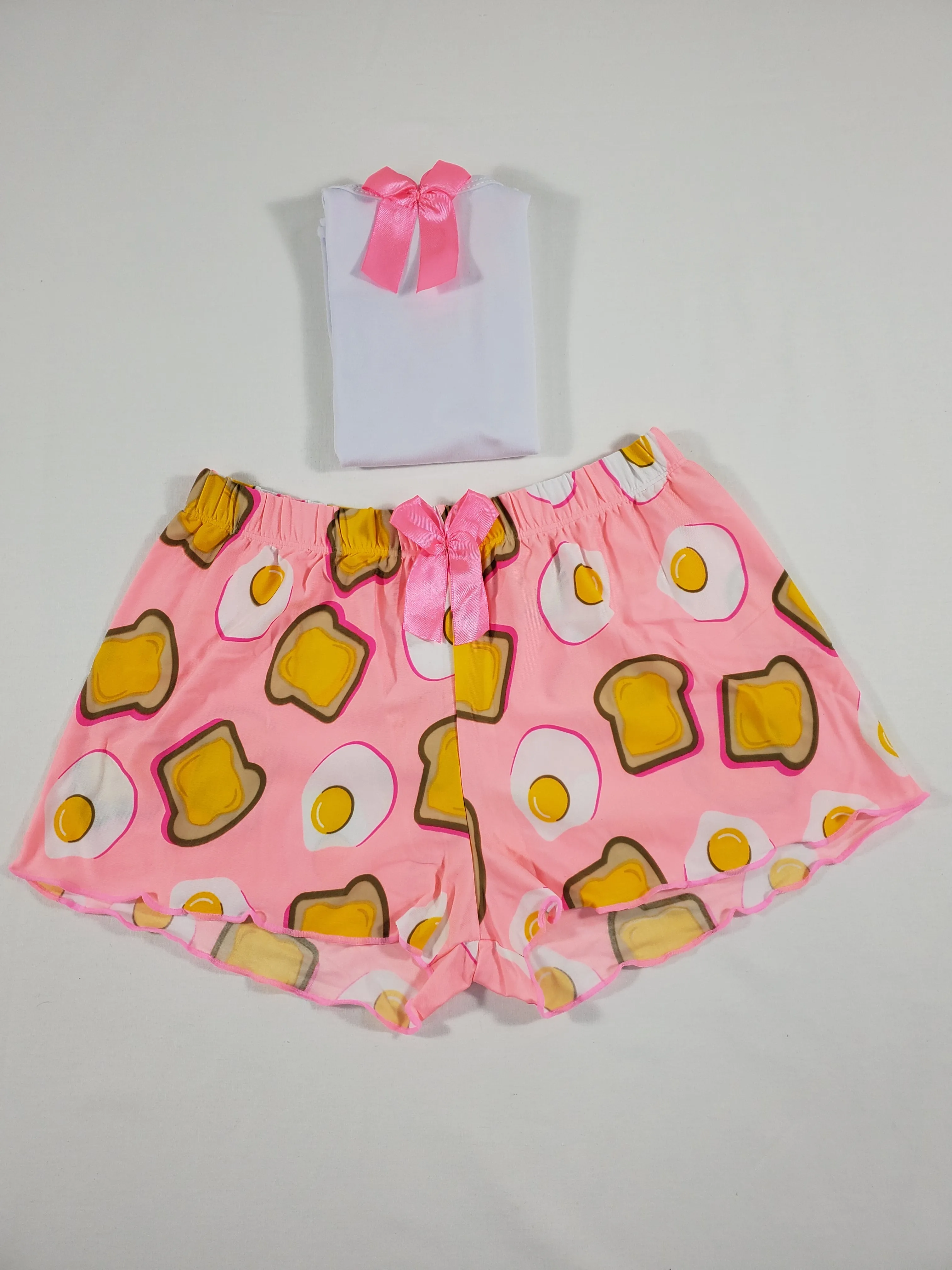 Pink Classic Women's pajamas shorts fried eggs and toast theme white blouse