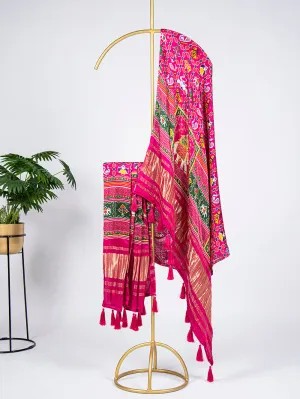 Pink Color Digital Printed Pure Gaji Silk Dupatta With Tassels