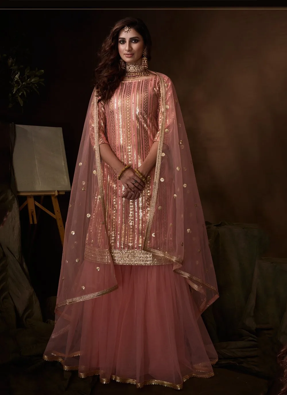 Pink Color Embroidered Designer Net Palazzo Suit