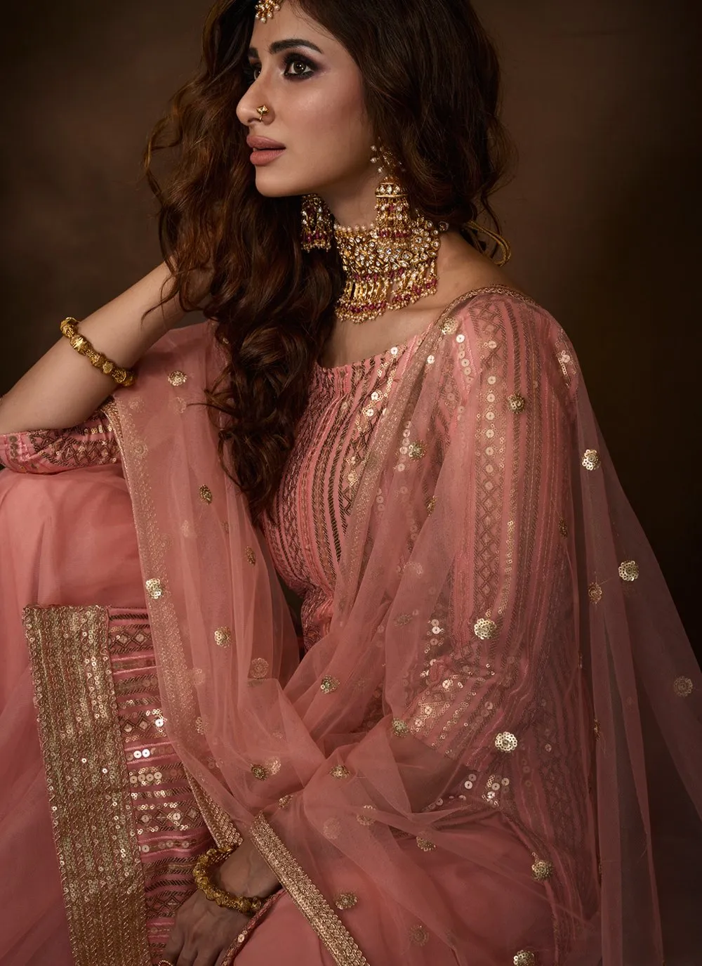 Pink Color Embroidered Designer Net Palazzo Suit