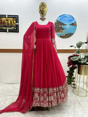 Pink Color Enchanting Fox Georgette Embroidered Gown: Flowing Elegance for Special Occasions