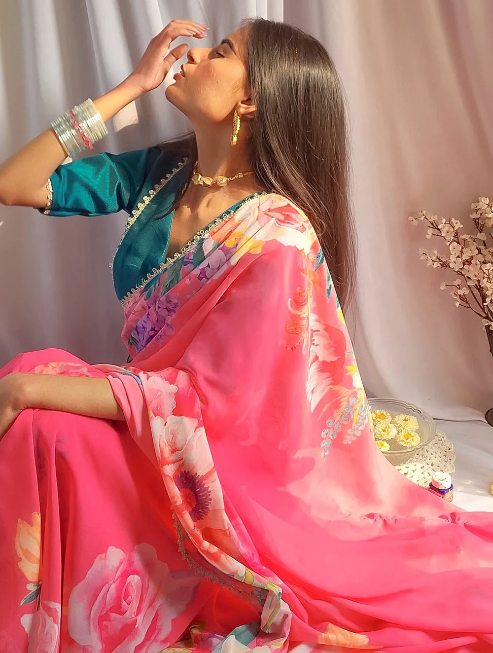 Pink Color Floral Printed Georgette Saree with Sequins and Lace