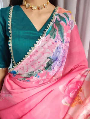 Pink Color Floral Printed Georgette Saree with Sequins and Lace