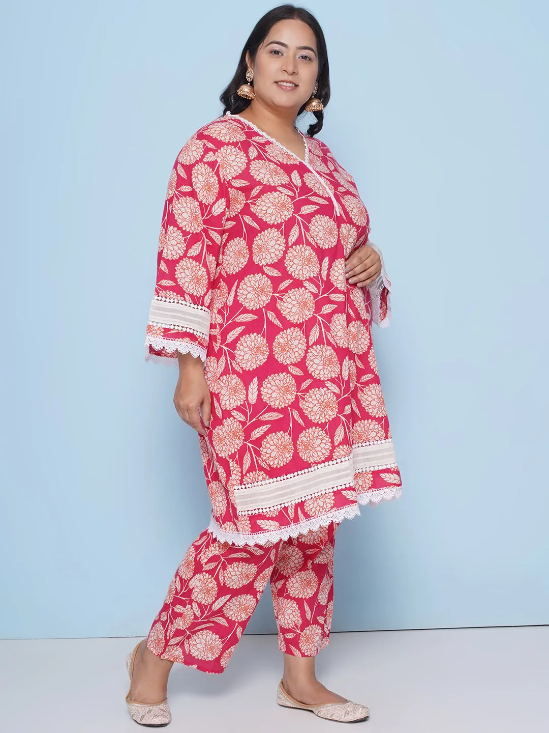 Pink Color Floral Printed kurta with Pant