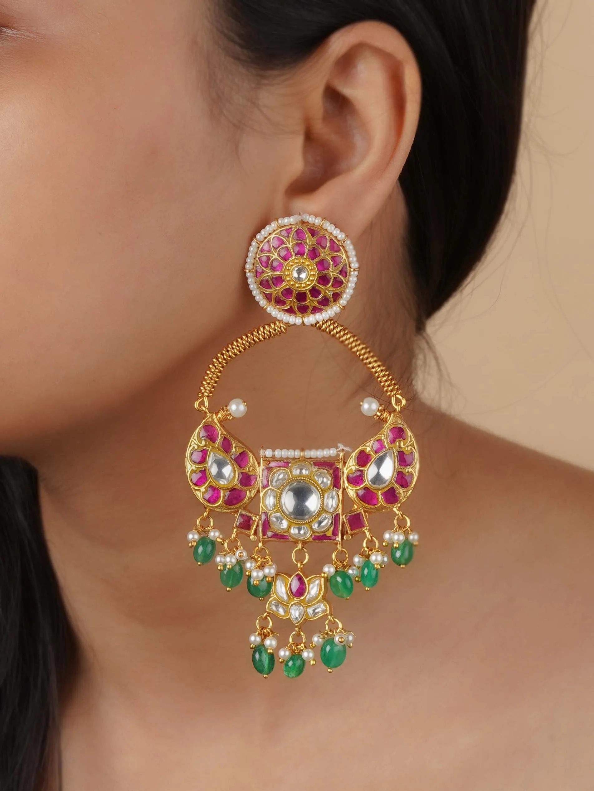 Pink Color Gold Plated Thappa Jadau Kundan Earrings - TJ-E94MA