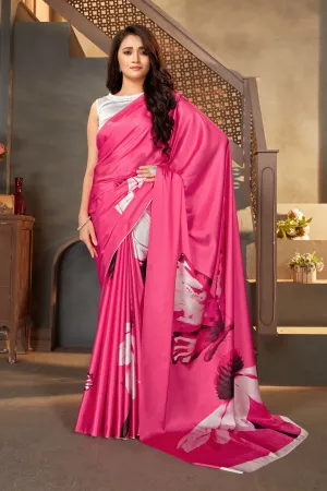 Pink color Satin digital print Saree