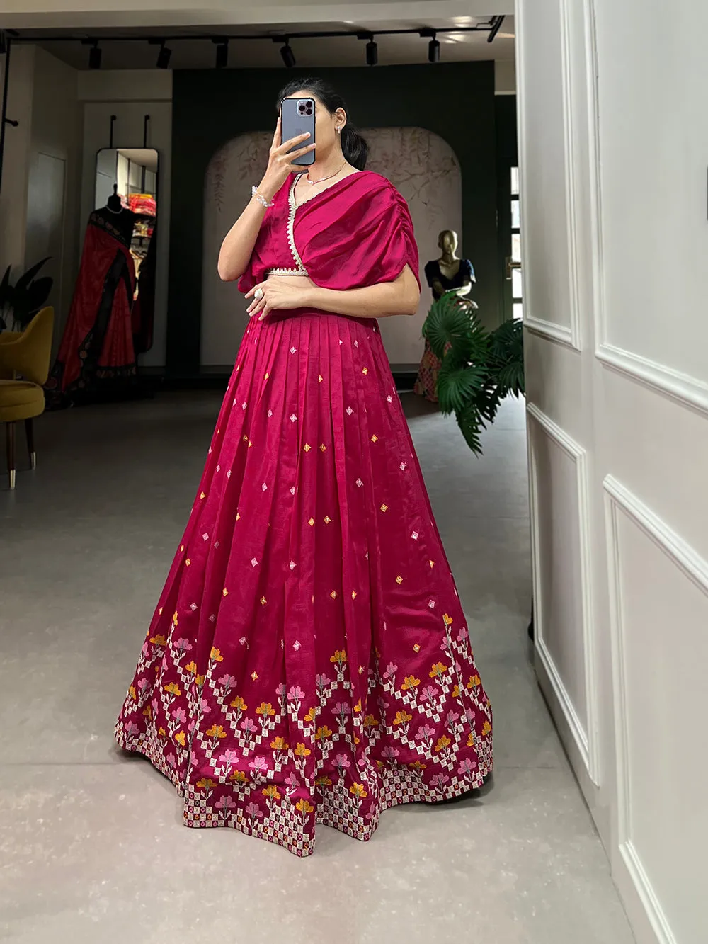 Pink Color Thread Embroidery Work Vichitra Silk Lehenga Choli