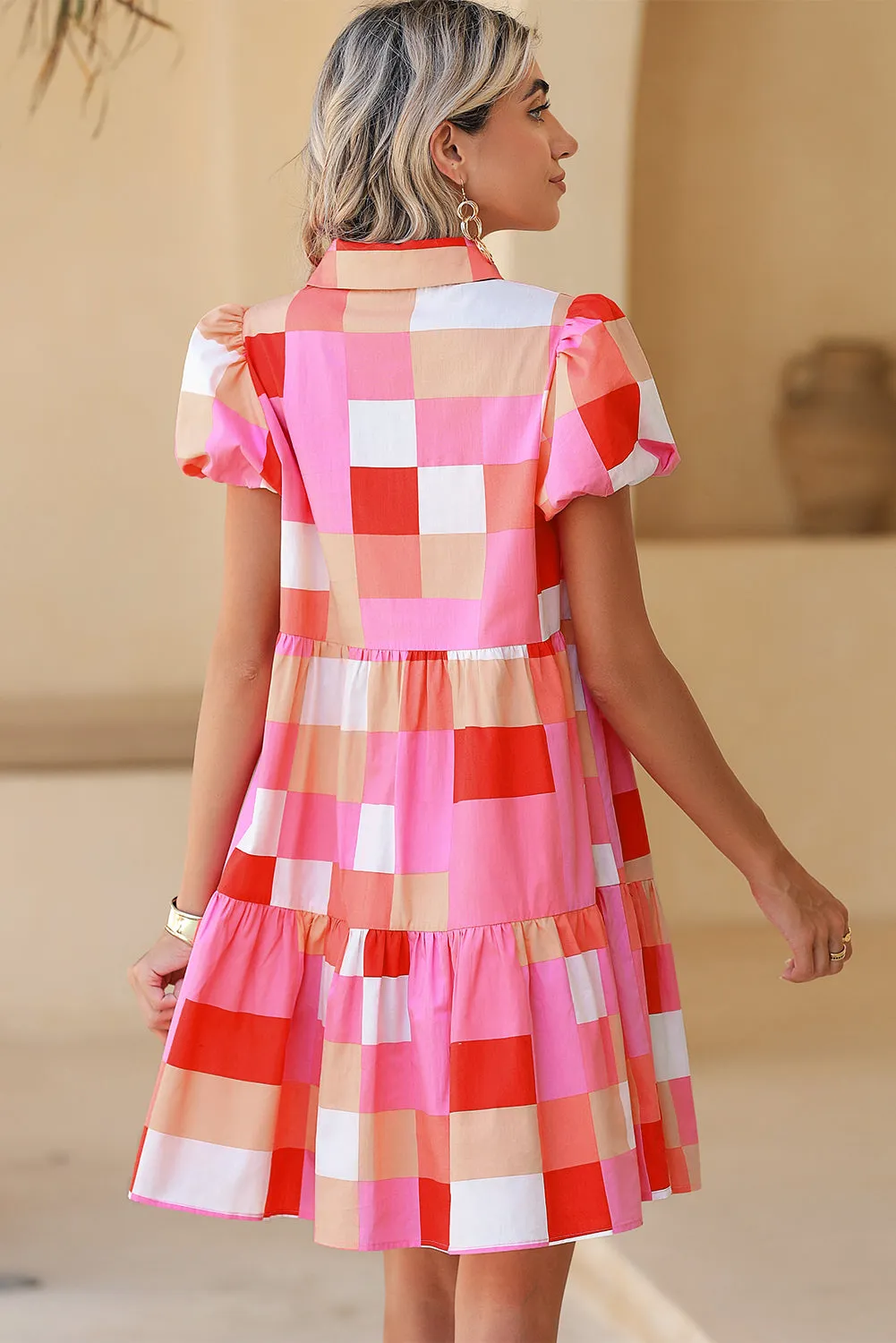 Pink Colorblock Plaid Puff Sleeve Tiered Mini Dress