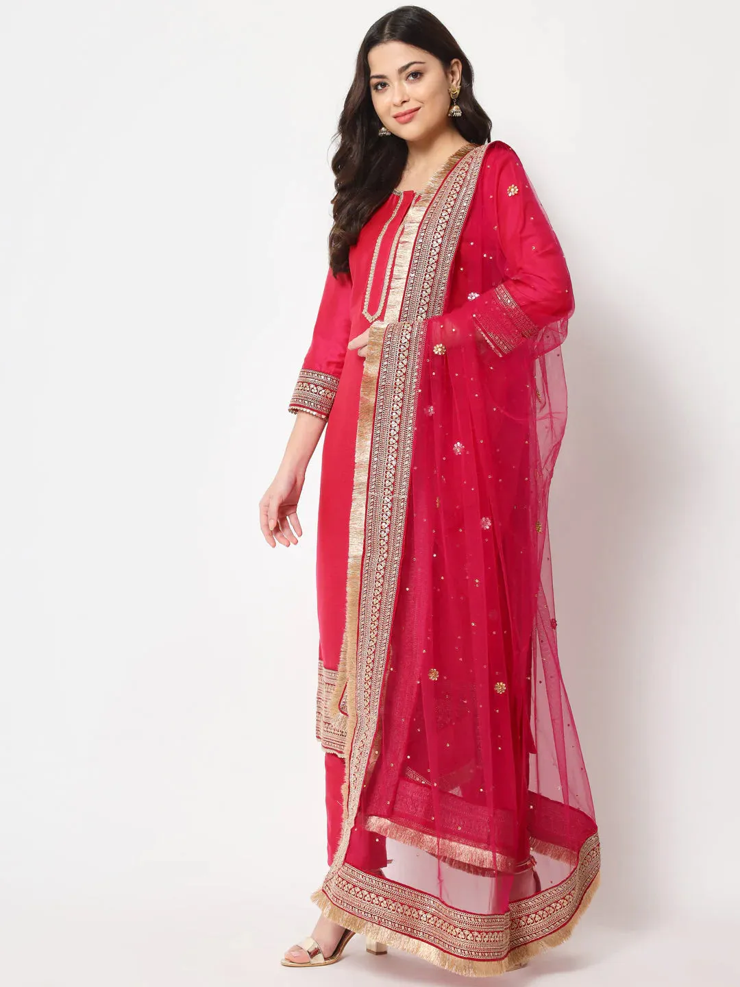 Pink Cotton Silk Embroidered Bridal wear Suit Set with Net Dupatta