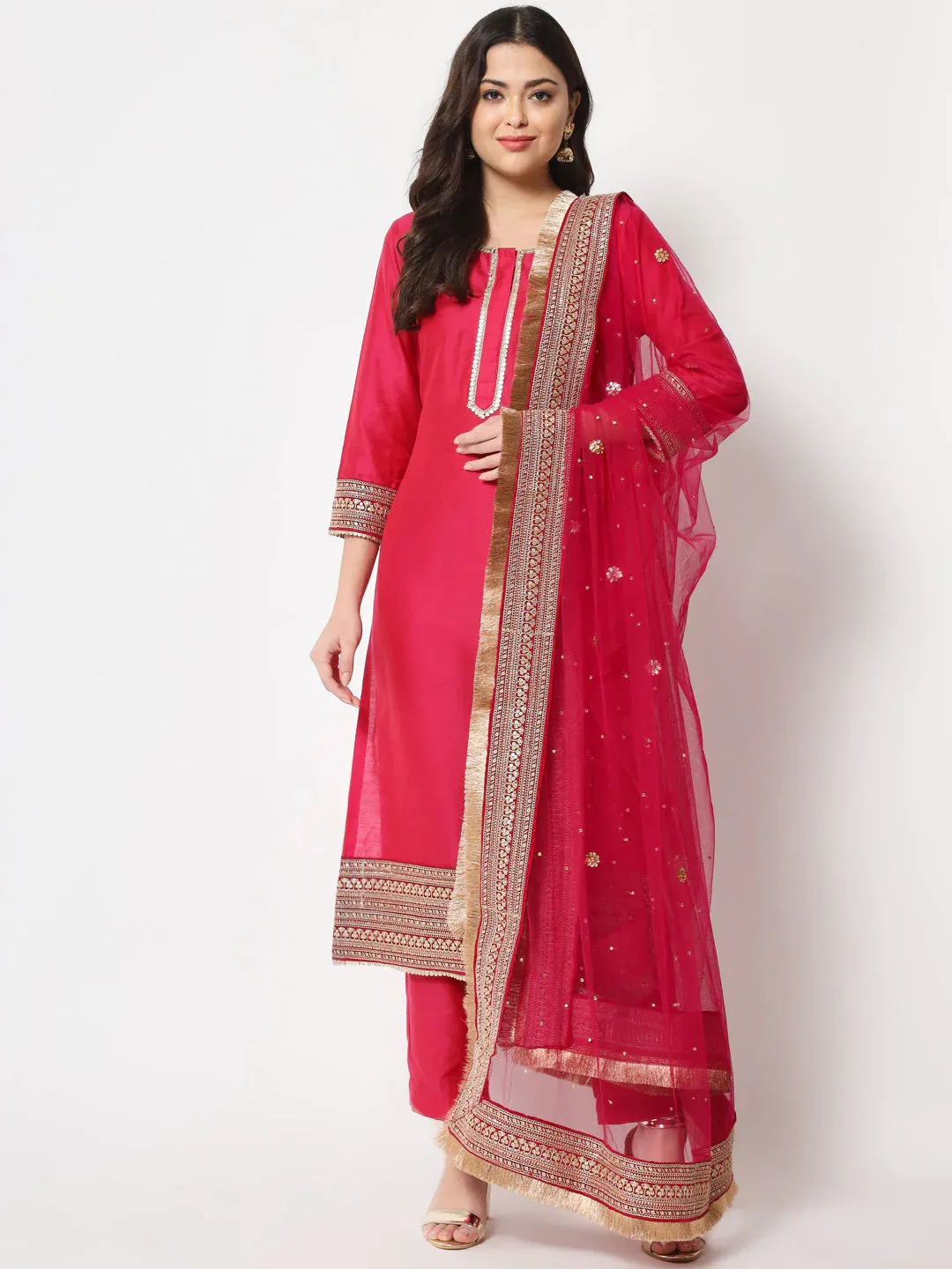 Pink Cotton Silk Embroidered Bridal wear Suit Set with Net Dupatta