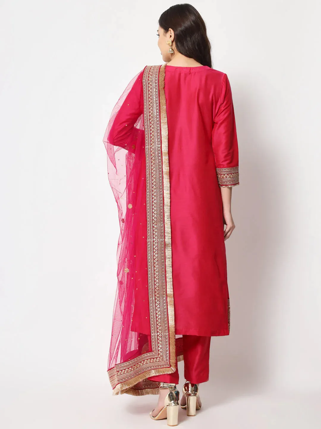 Pink Cotton Silk Embroidered Bridal wear Suit Set with Net Dupatta