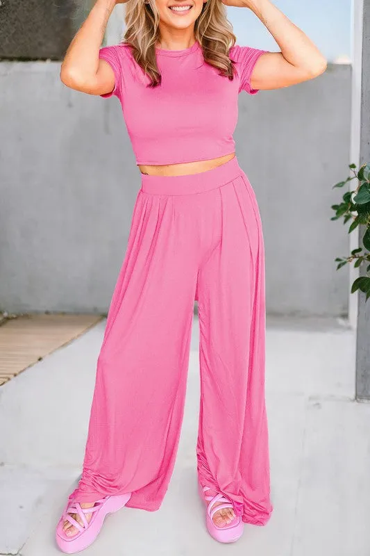 Pink Crop Top and Pleated Wide Leg Pants Set