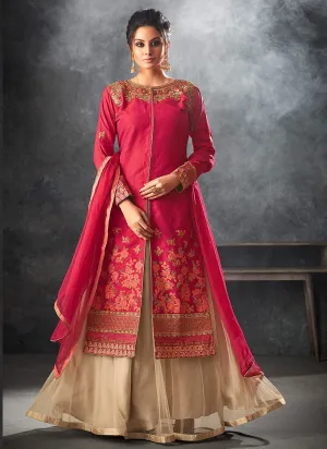 Pink Crush With Beige Minimalist Embroidered Lehenga Kurti Set